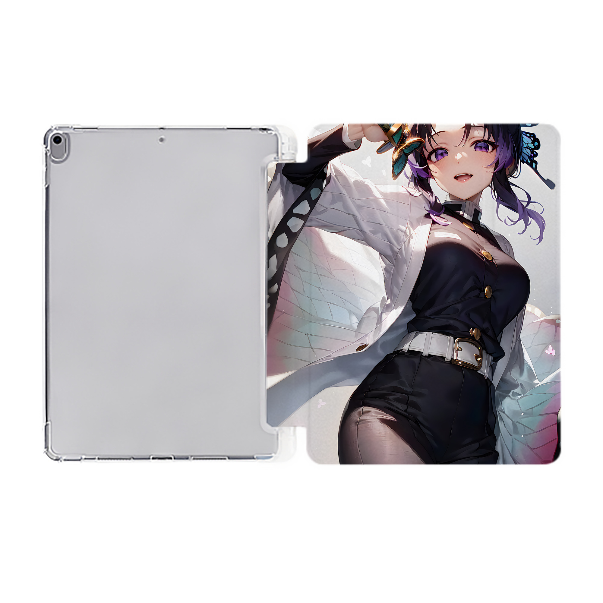 （画像用） 鬼滅の刃（きめつのやいば）蟲柱-胡蝶 しのぶ／こちょう しのぶ Kochou Shinobu IPad ケース ペン収納付き 三つ折りスタンド PUレザー×シリコン 対応機種9.5/10.5/10.9インチ
